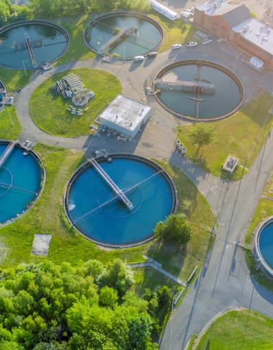 Aerial panoramic view of modern urban wastewater treatment plant water purification is the process of removing undesirable chemicals